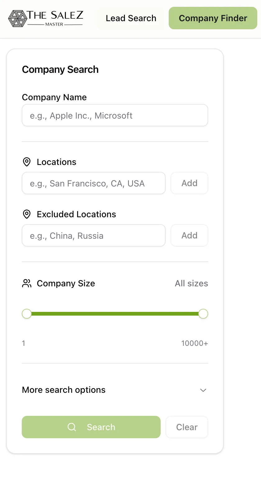 TheSaleZMaster company finder with filters for keywords, employee count, and geography showing matching company results