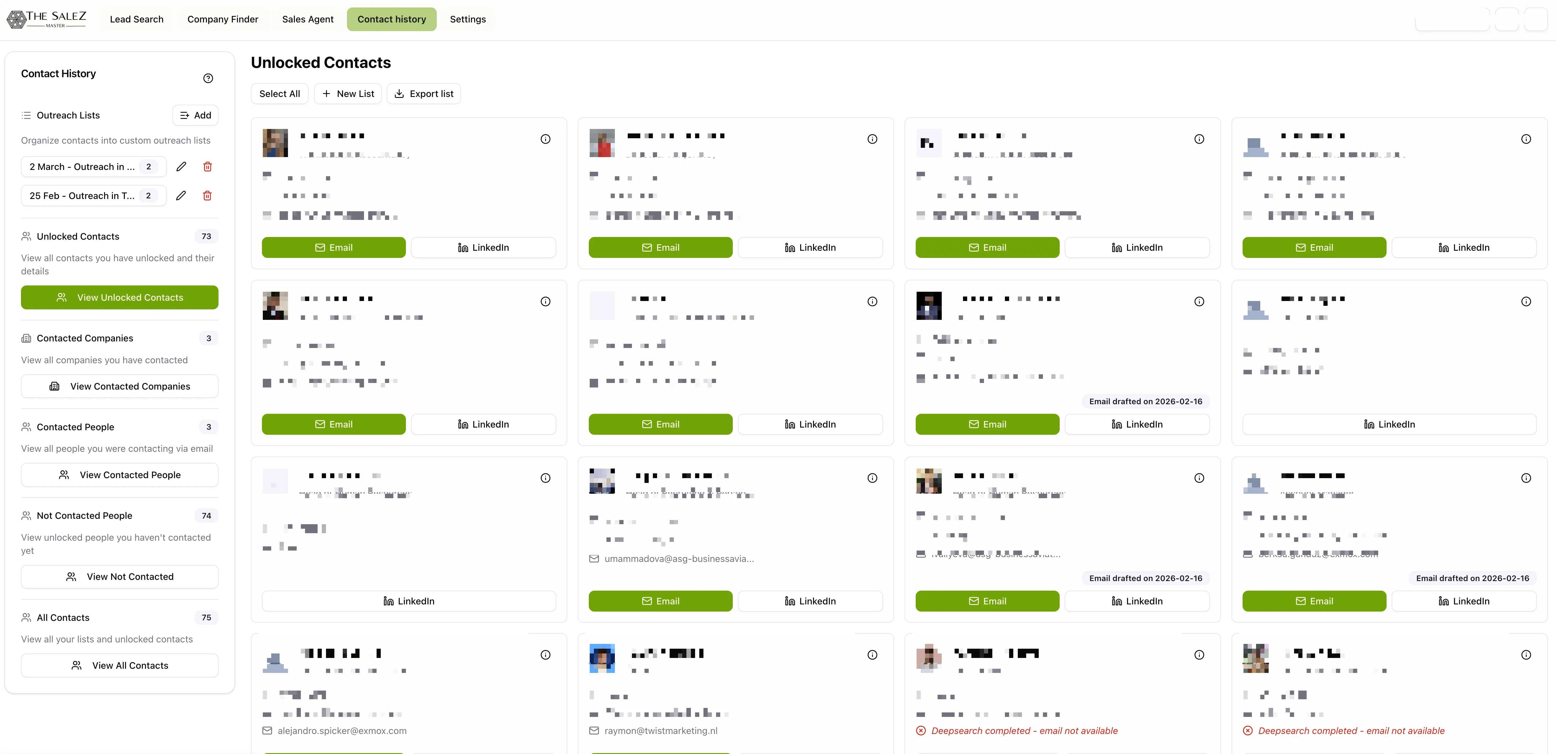TheSaleZMaster contacts management showing unlocked contacts grid with outreach lists, email and LinkedIn status per contact