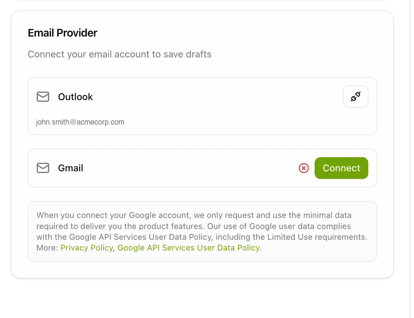 TheSaleZMaster mailbox integration settings showing connected Outlook account and Gmail connect option